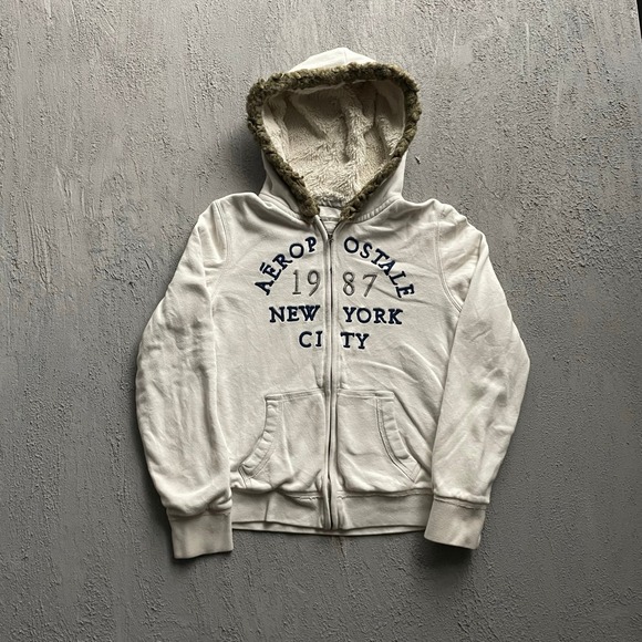 Aeropostale Tops - Vintage Aeropostale Hooded Zip Up Hoodie Womens XL White Y2K Faux Fur Trim